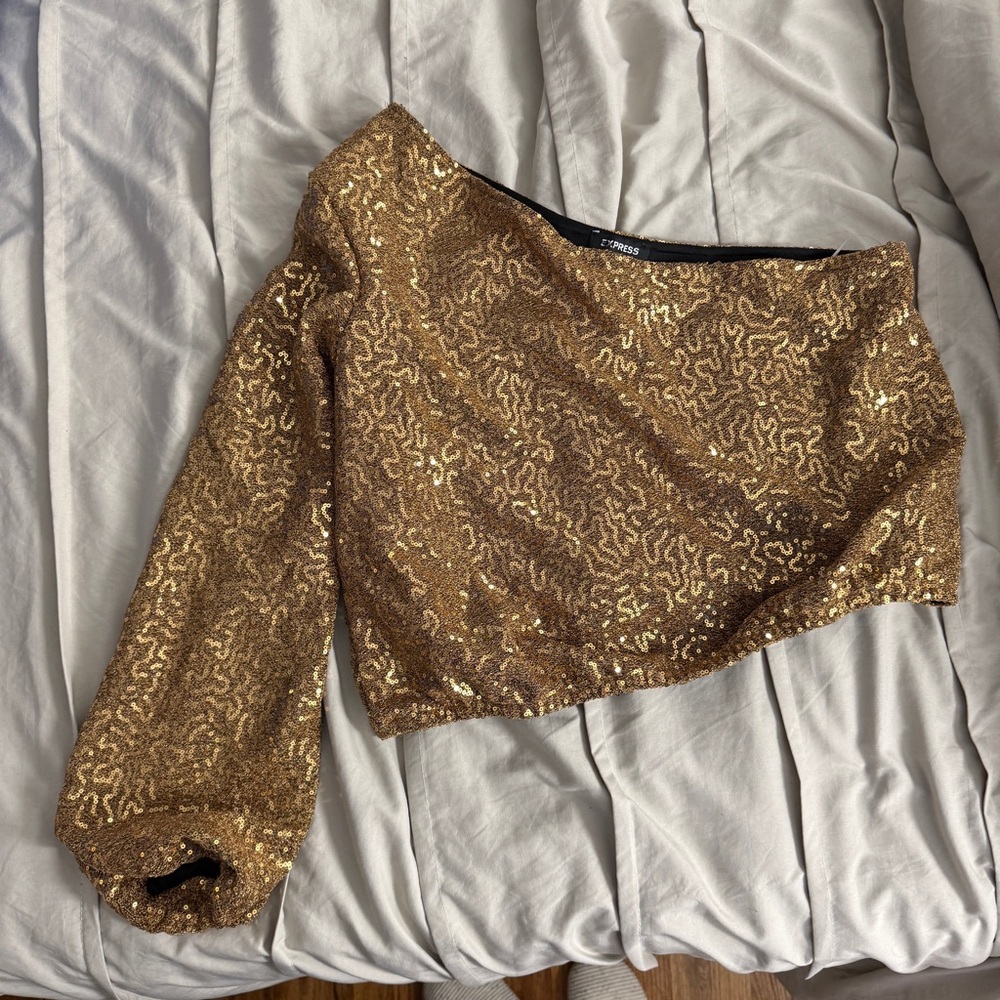 Express Gold Sequin one shoulder crop top